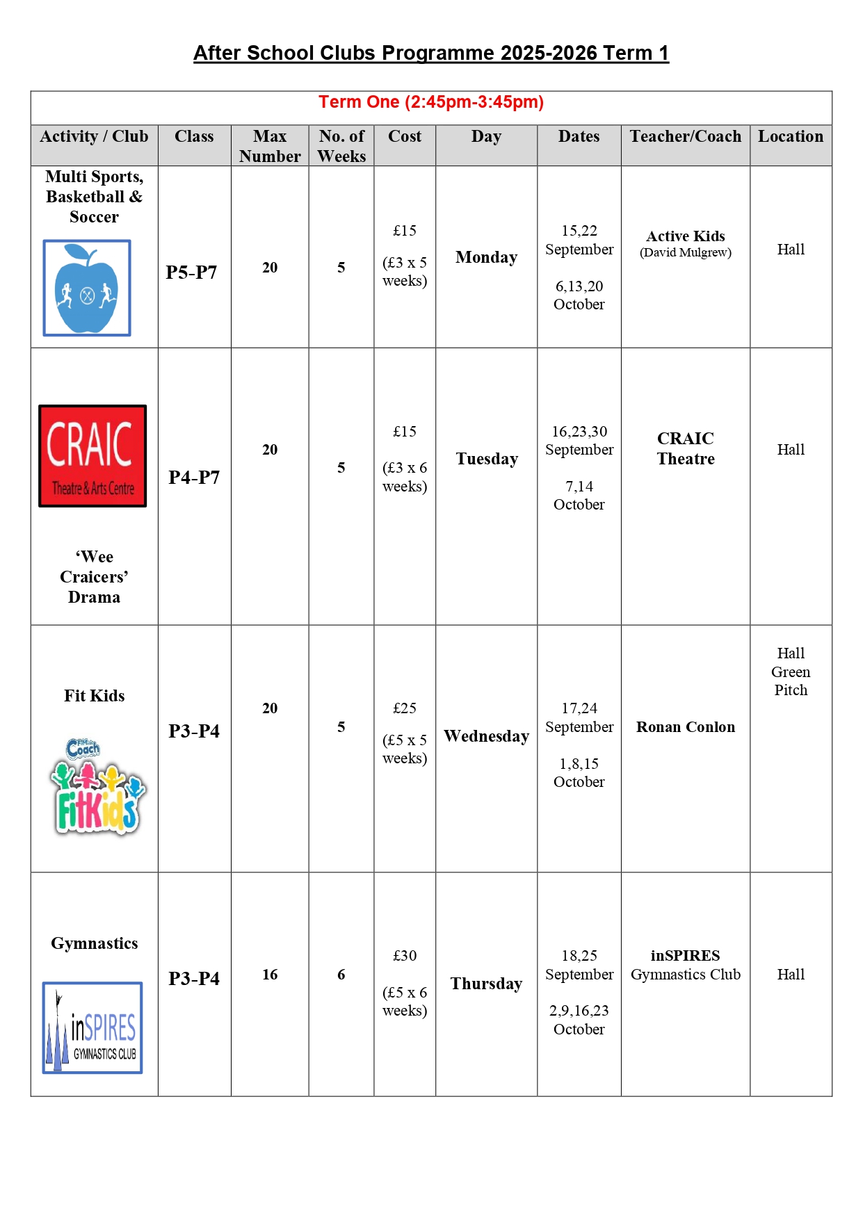 After School Clubs Timetable Term 1 to Term 3