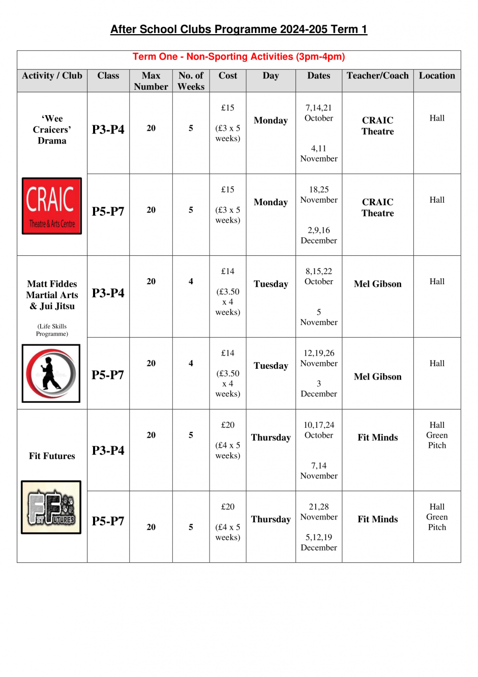 After School Clubs Timetable Term 1 to Term 3